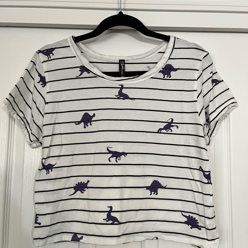 Striped Dinosaur Print Crop Shirt
